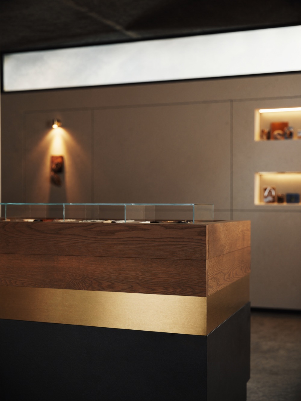 Brand POS counter in oak and brass
