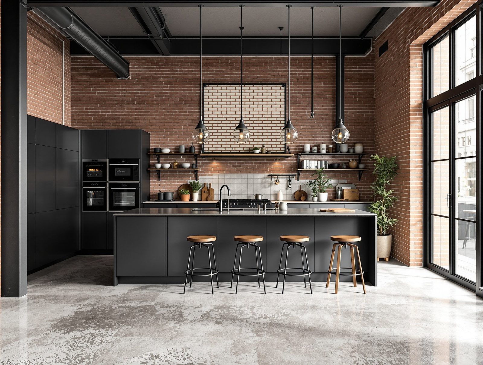 Industrie-Loft-Küche mit schwarzen Fronten