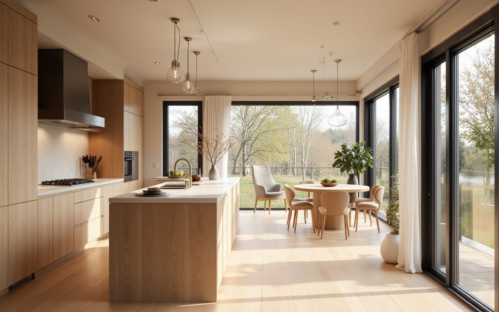 Helle, maßgefertigte Schreinerküche mit sichtbarer Holzqualität für einen Neubau