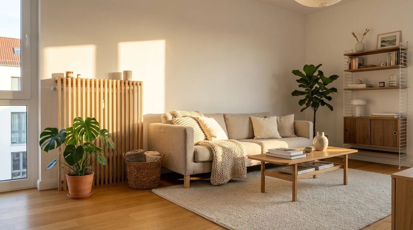 Visualisierung: stehende Heizkörperverkleidung aus Eiche mit Lamellenfront in einem Wohnzimmer