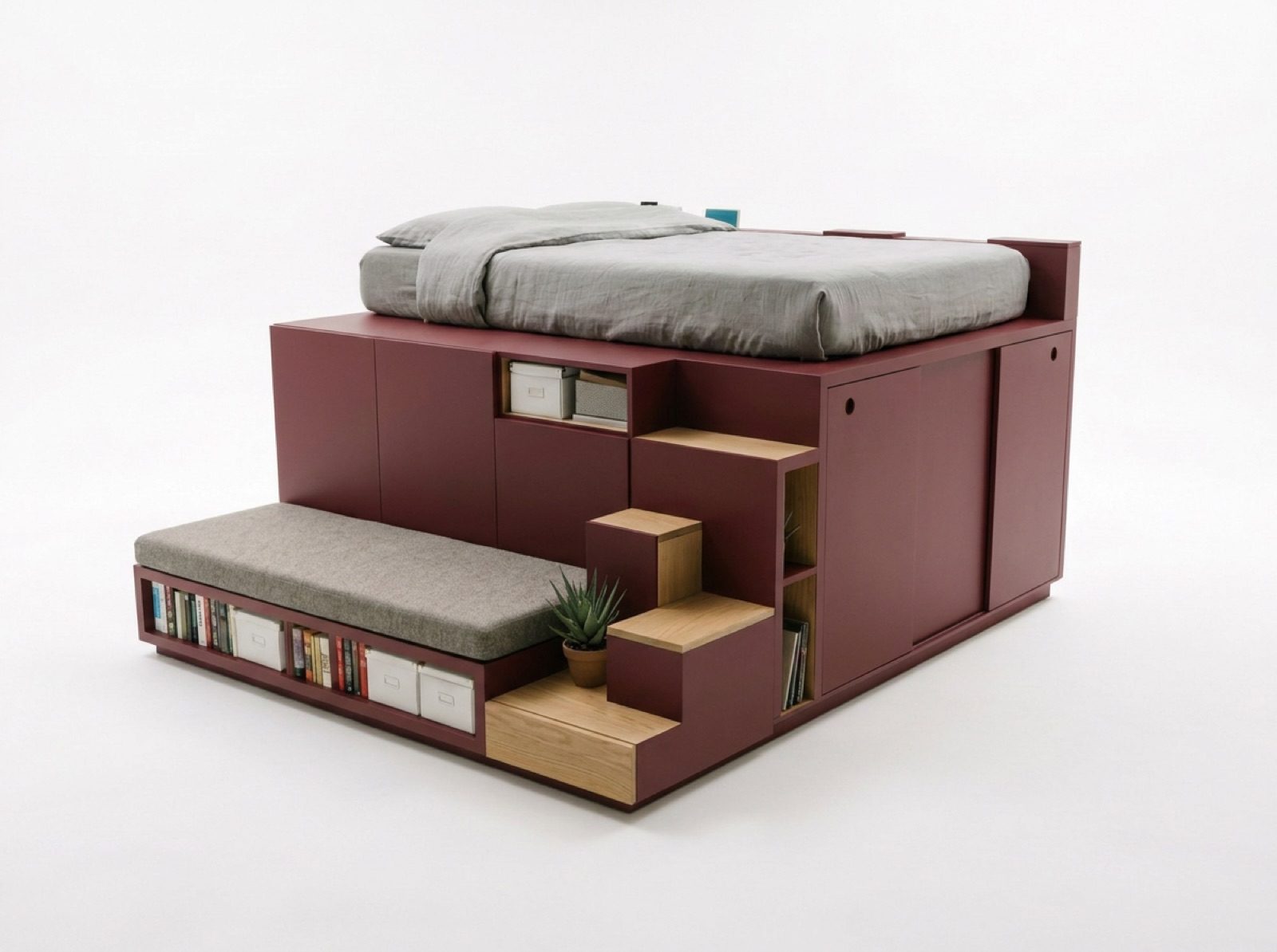 Living Cube: Möbelblock mit Bett, Sofa, Stauraum und Treppe