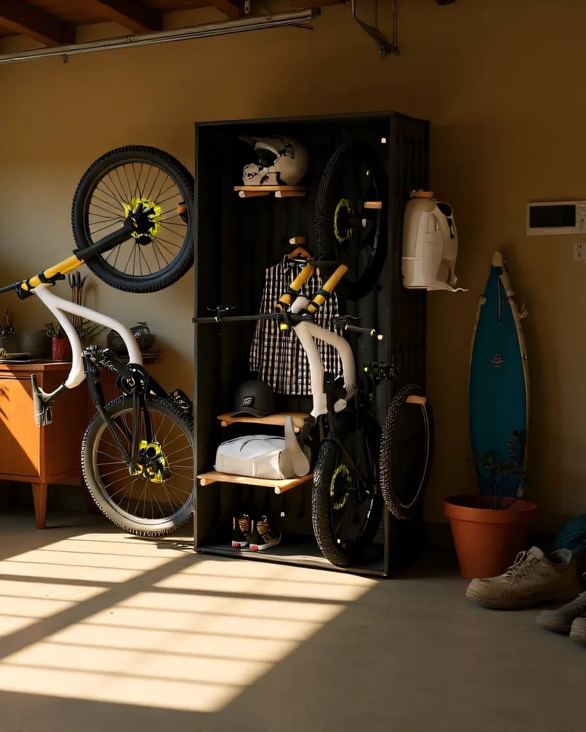 Sport Cube: schwarzer Sportschrank mit Lochplatte, Mountainbike, Helm und Ausrüstung in einer Garage