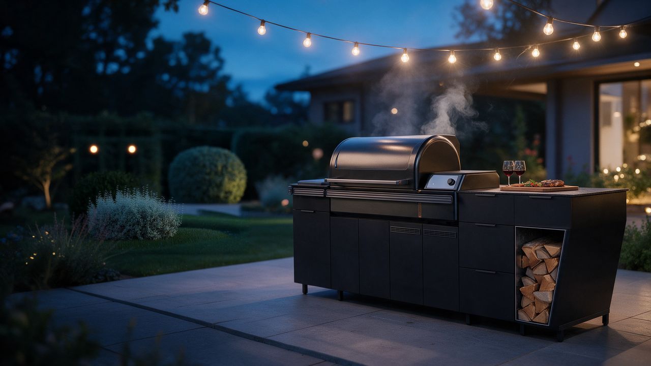 code.one Outdoor-Küche mit Traeger Pelletgrill auf einer Terrasse in der Abenddämmerung